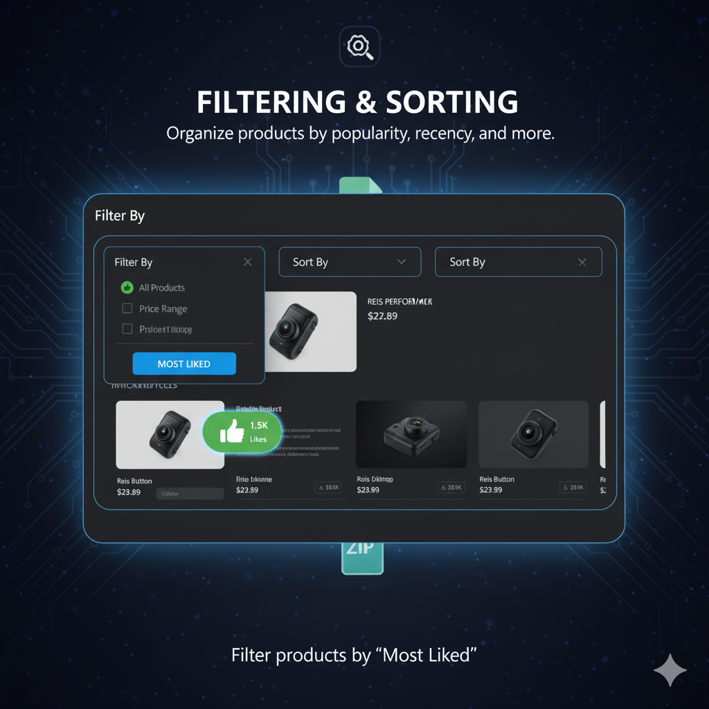Product filtering and sorting interface on a dark background with digital elements.