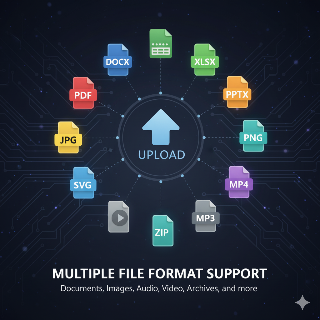 Illustration of various file format icons with an 'Upload' button on a dark background.