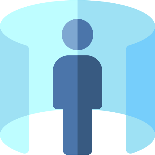 Blue silhouette of a person with speech bubbles on a light blue background
