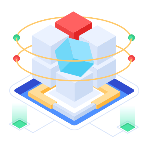 Geometric 3D structure with colorful cubes on a white background