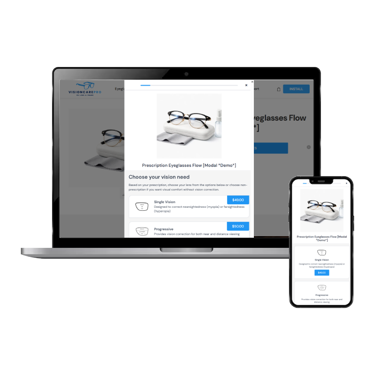 Laptop and smartphone displaying a website for prescription eyeglasses with a focus on user interface.
