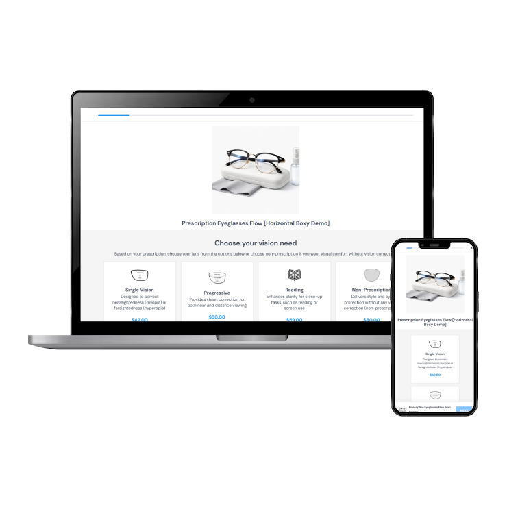 Laptop and smartphone displaying a website for prescription eyeglasses with a focus on user interface.