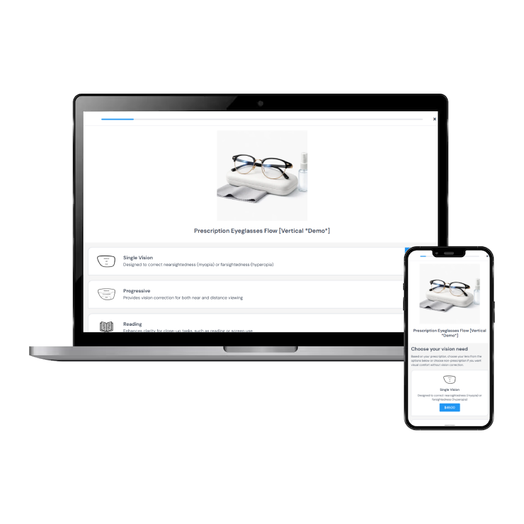 Laptop and smartphone displaying eyewear prescription software on a white background