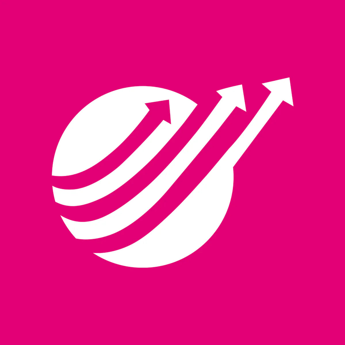 White logo with curved arrows on a pink background
