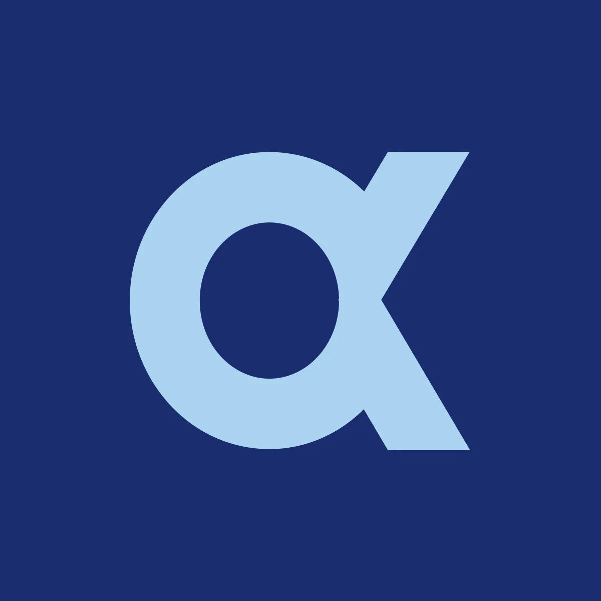 Light blue 'alpha' symbol on a dark blue background