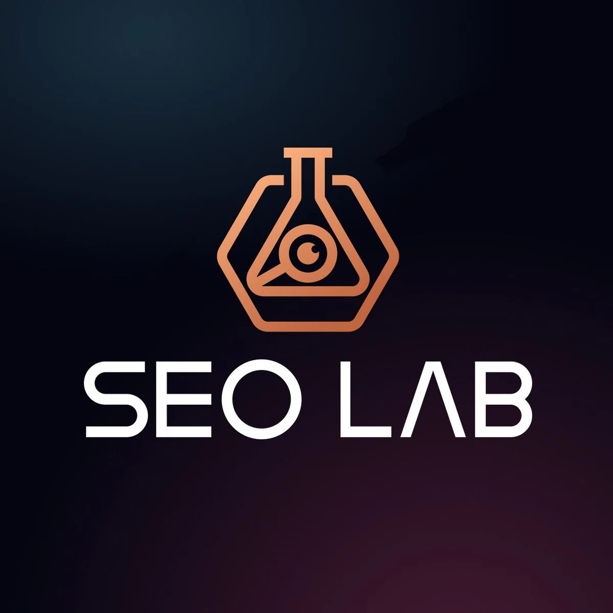 SEO Lab logo with a stylized lab beaker on a dark background