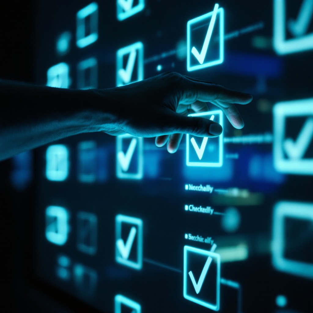 Hand interacting with glowing checkmarks on a digital interface