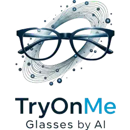 Glasses with a futuristic design and 'TryOnMe Glasses by AI' text on a white background