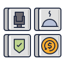 Four icons representing computer, light bulb, shield, and dollar sign on a white background.