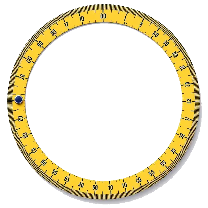 Circular protractor with yellow rim and black numbering on a white background