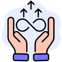 Two hands holding a circular icon with arrows, symbolizing sharing or exchange.