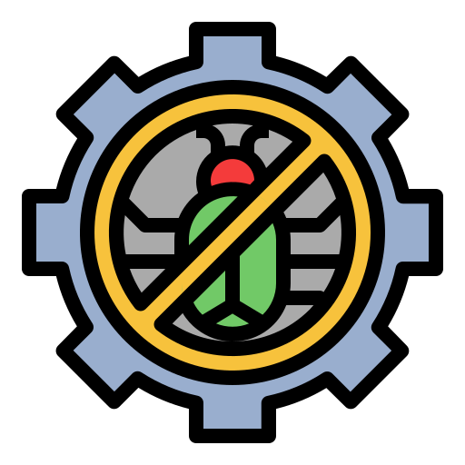 Logo with a gear and a green insect symbol inside, on a white background