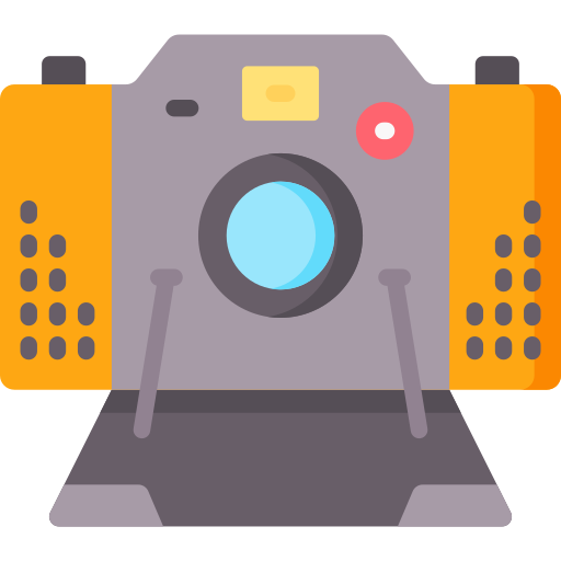 Illustration of a vintage camera with orange flash and gray body on a white background