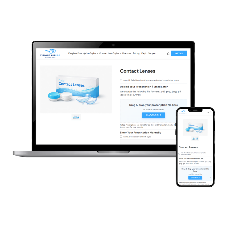 Laptop and smartphone displaying a contact lenses ordering website on a white background