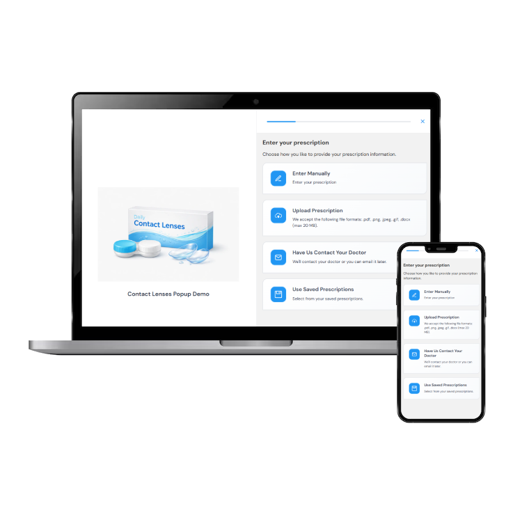 Laptop and smartphone displaying contact lens prescription entry interface on a white background