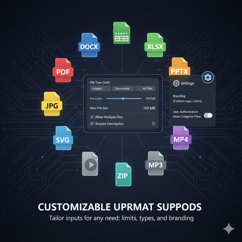 Icon set of file types on a dark background with customizable options.