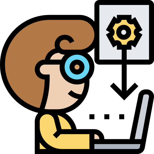 Icon of a person with goggles working on a laptop with a gear icon above it.
