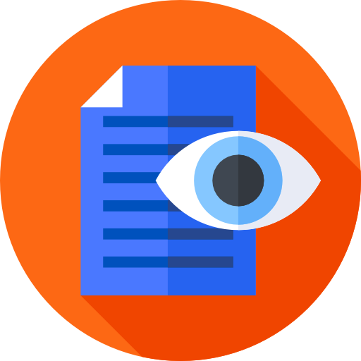 Icon of blue documents with a white eye on an orange background
