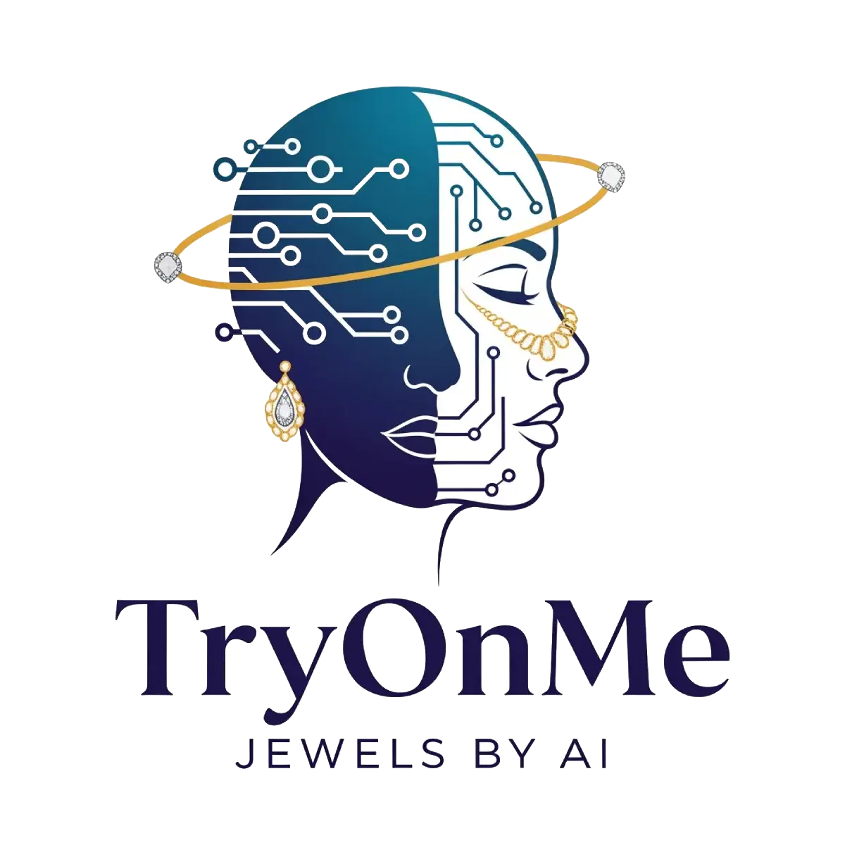 Logo of TryOnMe Jewels by AI with a stylized face design and circuitry elements.