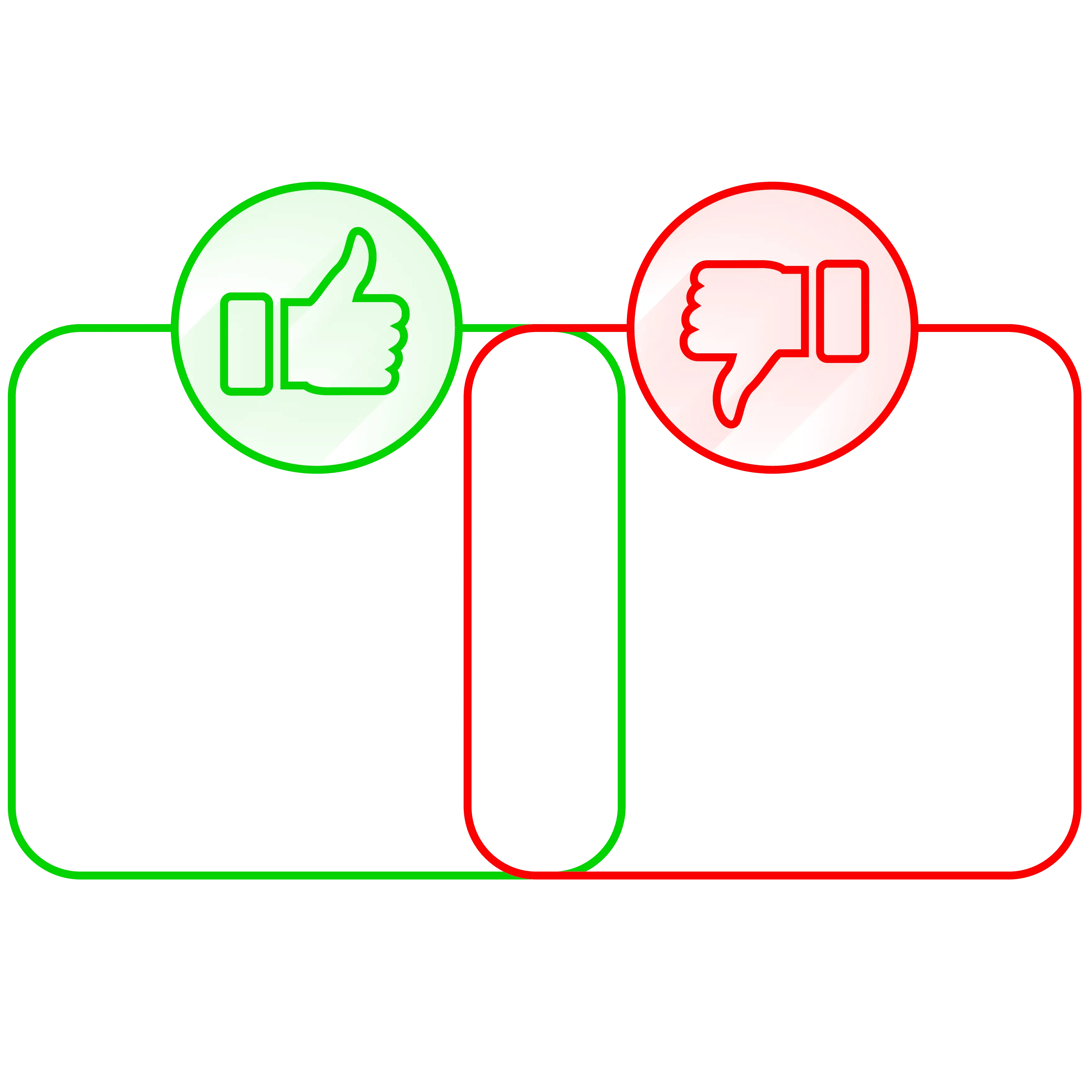 Two circular icons, one green with a thumbs up and one red with a thumbs down, inside a green and red rectangular frame.
