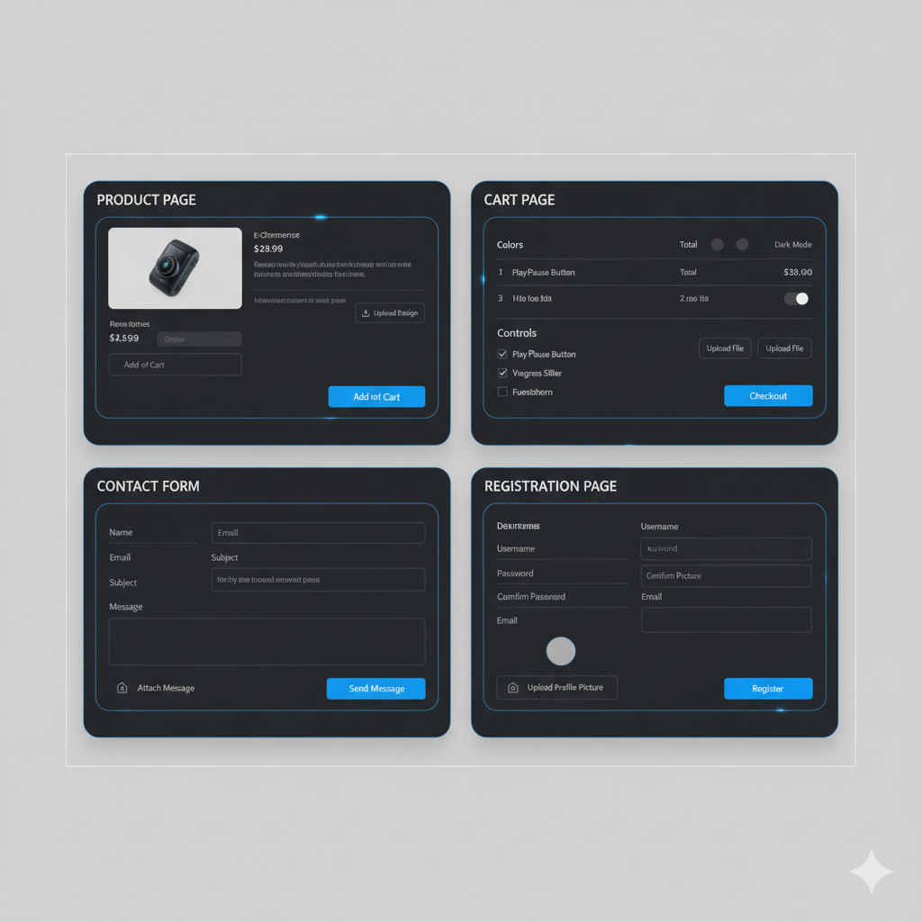 Set of four dark-themed web pages including product page, cart page, contact form, and registration page on a light gray background.