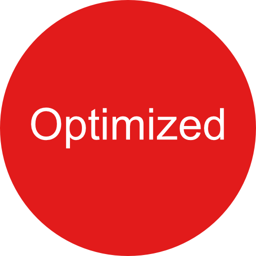 Red circle with the word 'Optimized' in white text on a white background