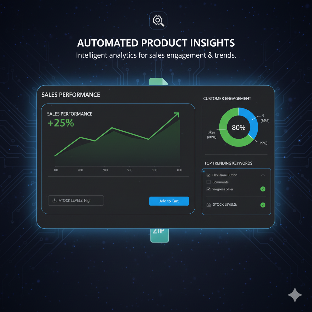 Automated product insights dashboard with sales performance and customer engagement metrics on a dark background.