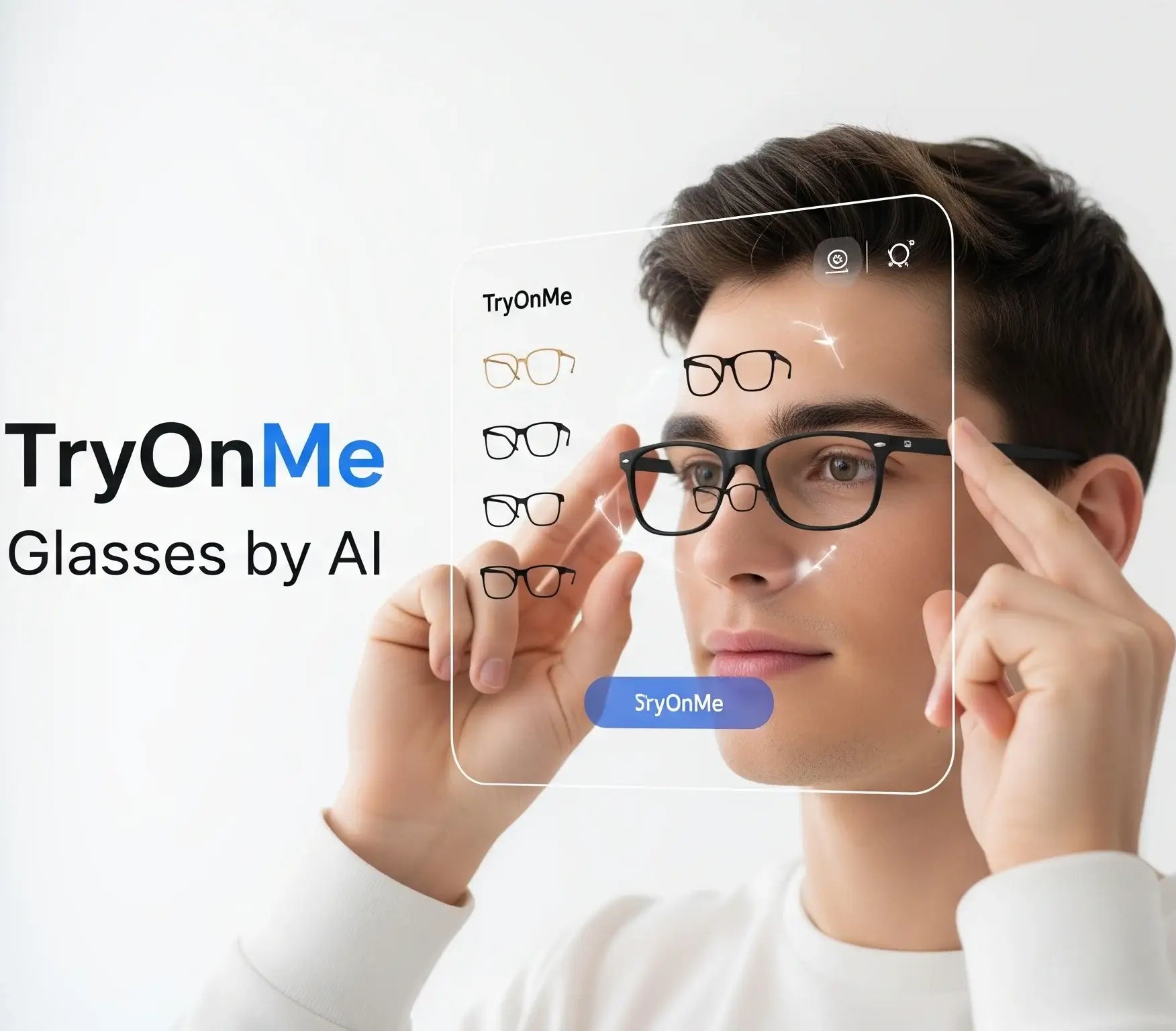 Person trying on virtual glasses with 'TryOnMe Glasses by AI' interface.