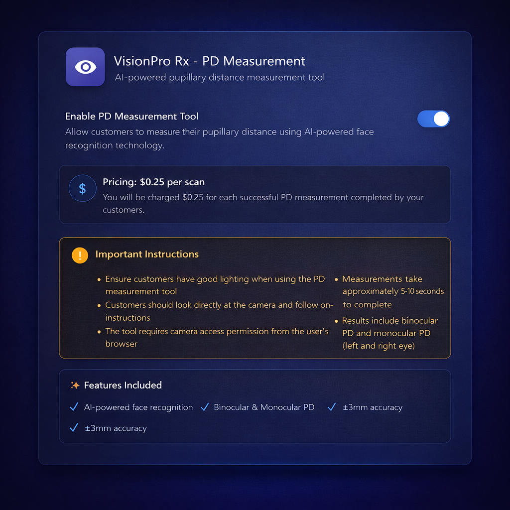 VisionPro Rx - PD Measurement tool interface with pricing and instructions on a dark background